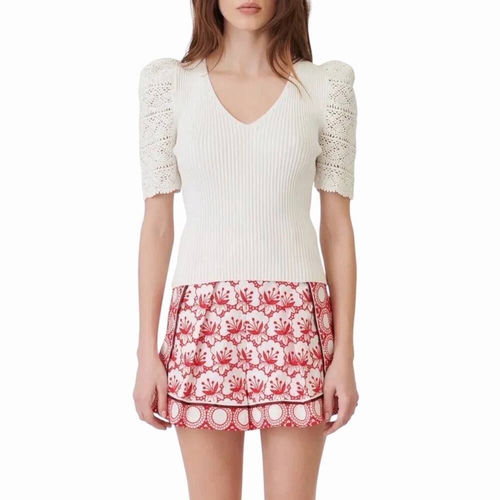 Maje Paris Montano Ribbed V-Neck Top Crochet Puff Sleeve Ecru Off-White Size 1 S